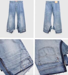 Detailed close-up of Junya Watanabe Man frayed denim pants showcasing artful distressing and raw edge finishes